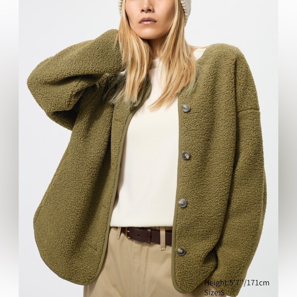 UNIQLO Pile Lined Fleece Relaxed Cardigan in Olive Size SM